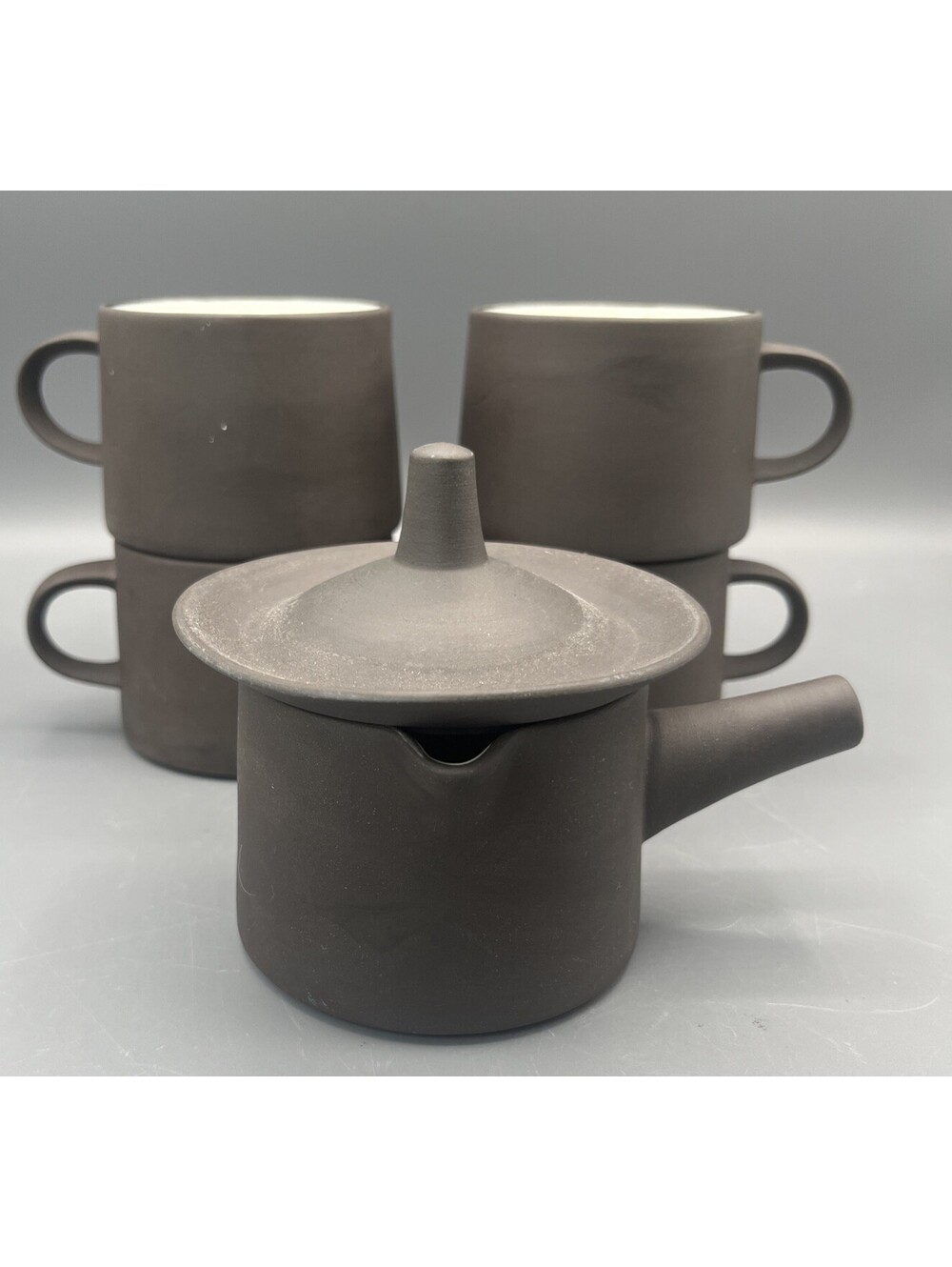 Vintage Dansk Flamestone 4 Cups Creamer Lid IHQ Denmark Brown MCM 6 Pc Set